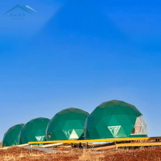 Коммерческие купольные палатки для глэмпинга, 7-метровые купольные палатки с купольными палатками с солнечной панелью для курортов, отелей
